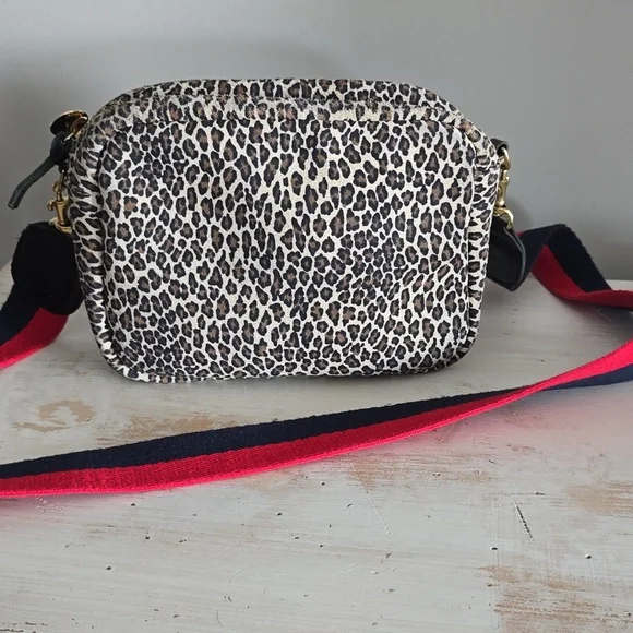 Clare V. Midi Sac Crossbody In Leopard Suede With Red/Navy Strap Bags